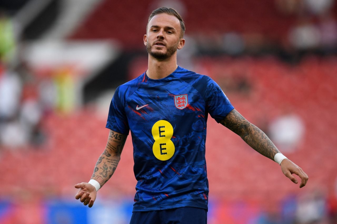 England's midfielder James Maddison warms up ahead of the UEFA Euro 2024 group C qualification football match between England and North Macedonia a...