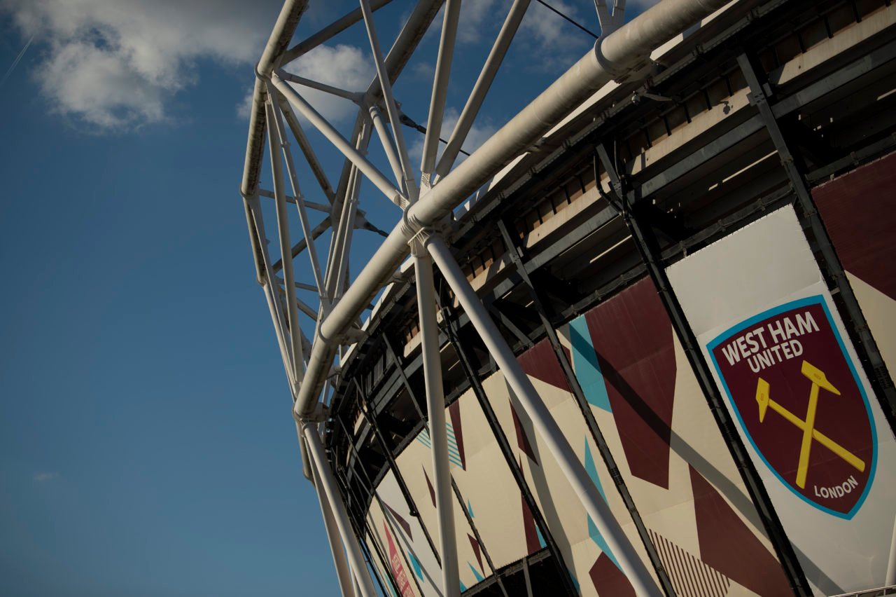 Exterior view of the London Stadium with West Ham United club badge prior to the Premier League match between West Ham United and Tottenham Hotspur...