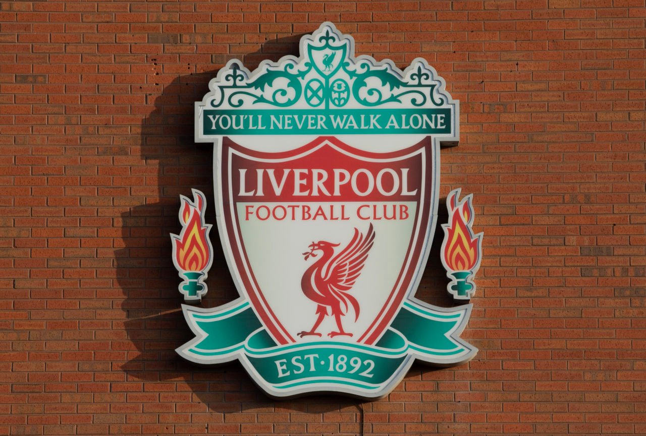 The Liverpool FC club badge on a wall outside the Kop stand before the Premier League match between Liverpool FC and Chelsea FC at Anfield on Janua...
