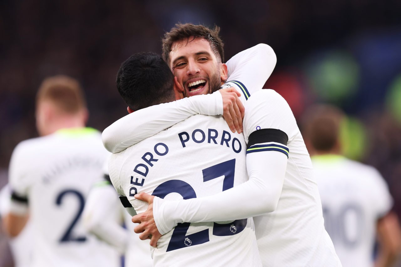 Rodrigo Bentancur of Tottenham Hotspur celebrates with teammate Pedro Porro after scoring the team's first goal during the Premier League match bet...
