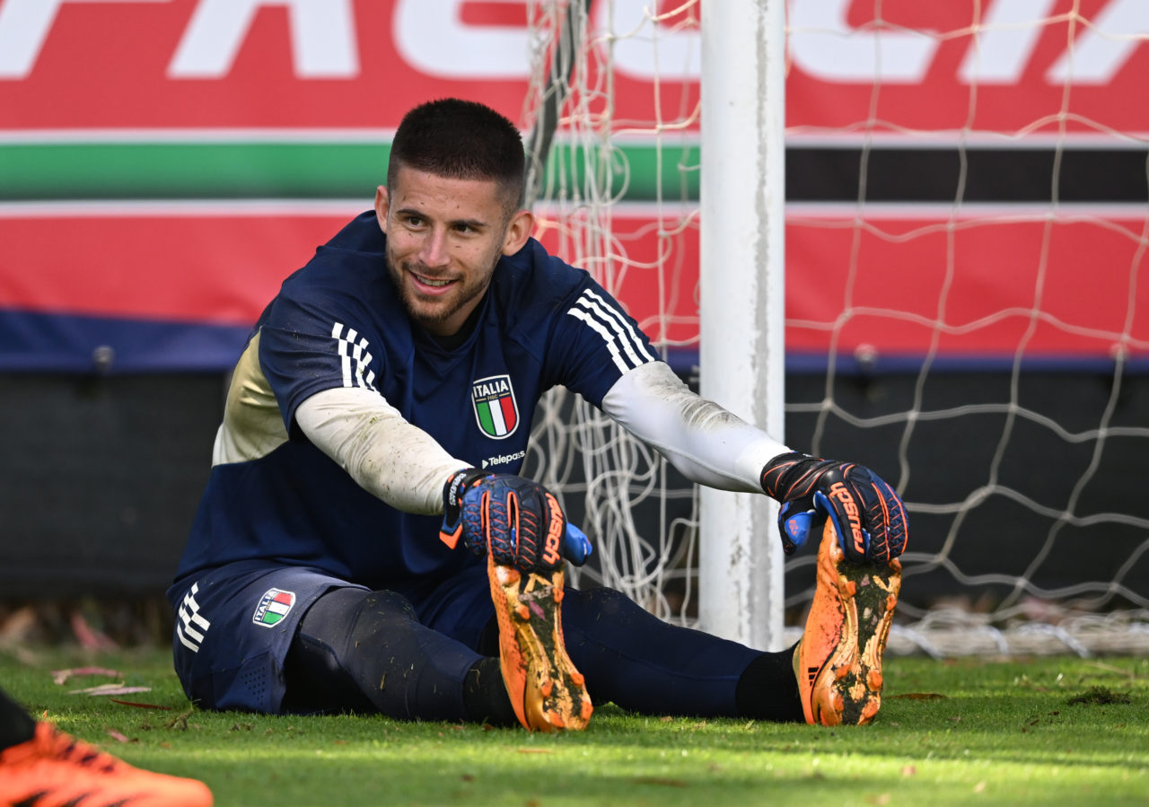 Guglielmo Vicario of Italy looks on during training session at Forte Village Resort on June 06, 2023 in Santa Margherita di Pula, Italy.
