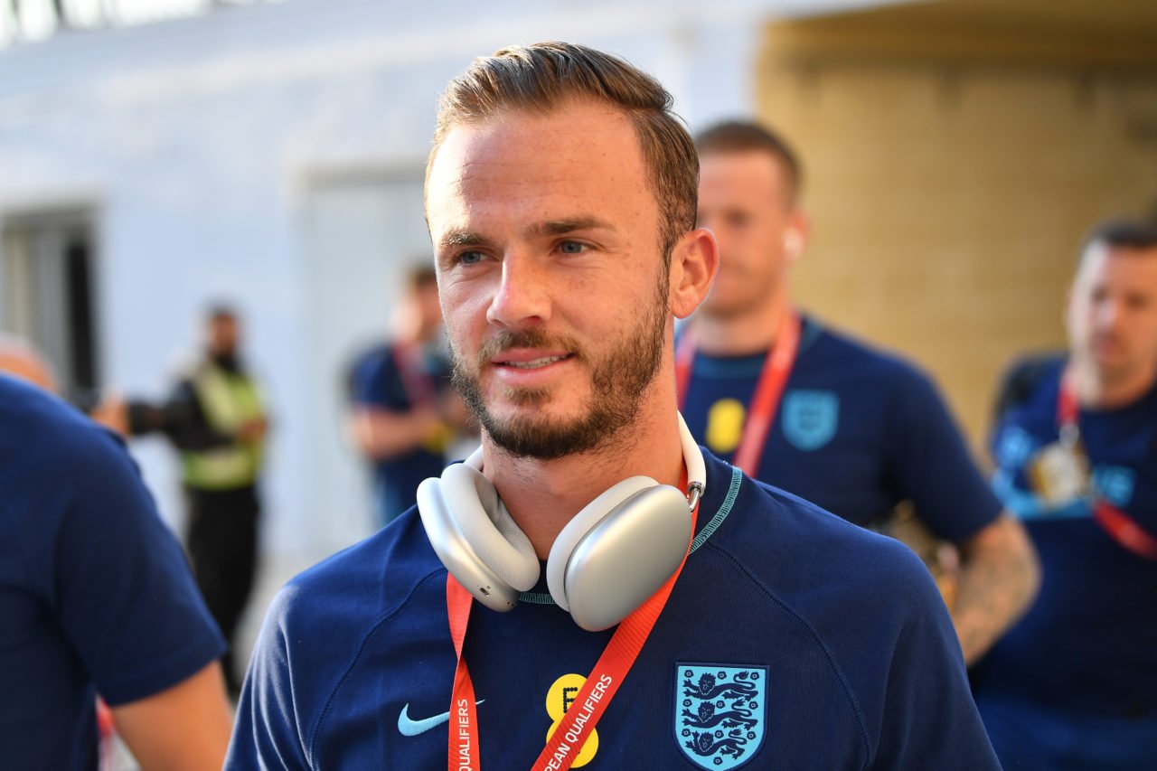 James Maddison of England arrives at the stadium prior to the UEFA EURO 2024 qualifying round group C match between Malta and England at Ta' Qali S...