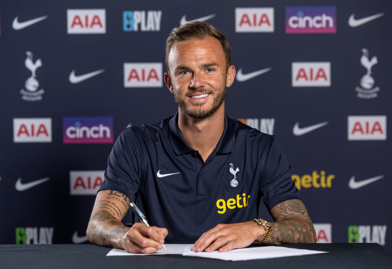 James Maddison looks on as he signs for Tottenham Hotspur at Tottenham Hotspur Training Centre on June 28, 2023 in Enfield, England.