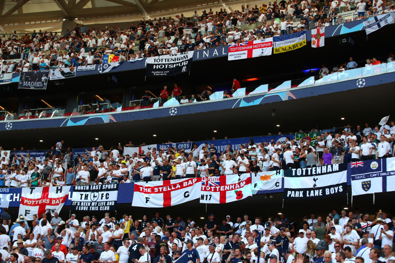General View of Tottenham Hotspur fans and flags prior to the UEFA Champions League Final between Tottenham Hotspur and Liverpool at Estadio Wanda ...