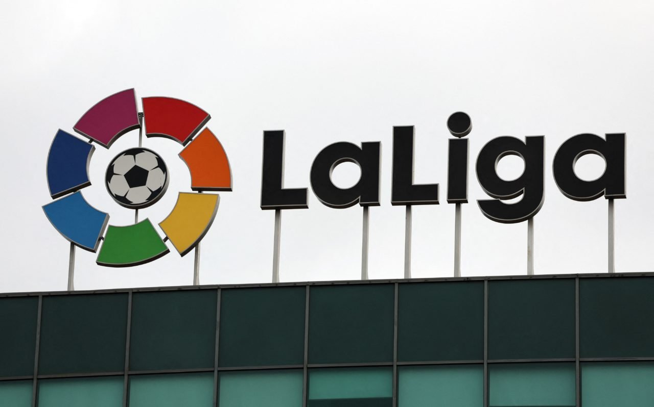 The logo of La Liga football association is seen ontop of its headquarters in Madrid on December 20, 2022. - La Liga private sports association, co...