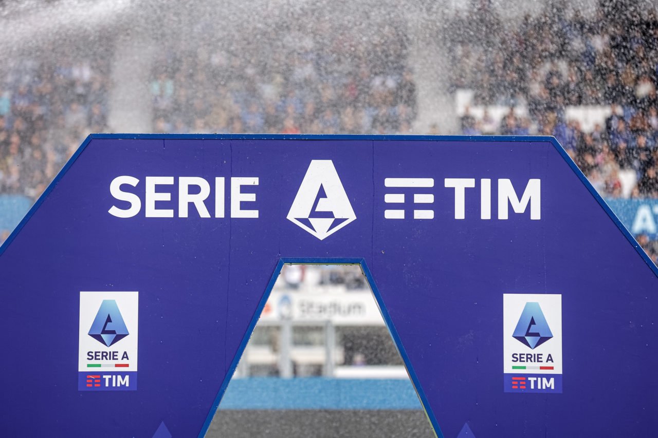 Serie a Tim logo as seen during Serie A   match between Atalanta and Bologna at Gewiss Stadium on April 8, 2023 in Bergamo, Italy.