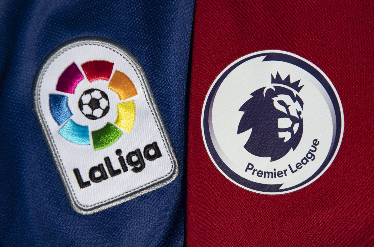 The La Liga and Premier League logos on football shirt sleeves on February 11th, 2021 in Manchester, United Kingdom.