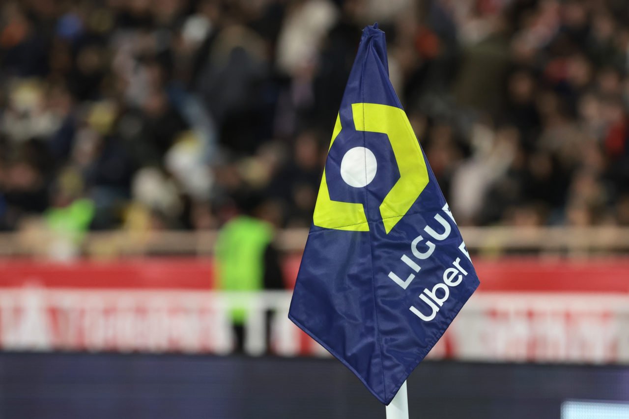 A Ligue 1 Uber Eats branded corner flag during the Ligue 1 match between AS Monaco and Paris Saint-Germain at Stade Louis II on February 11, 2023 i...