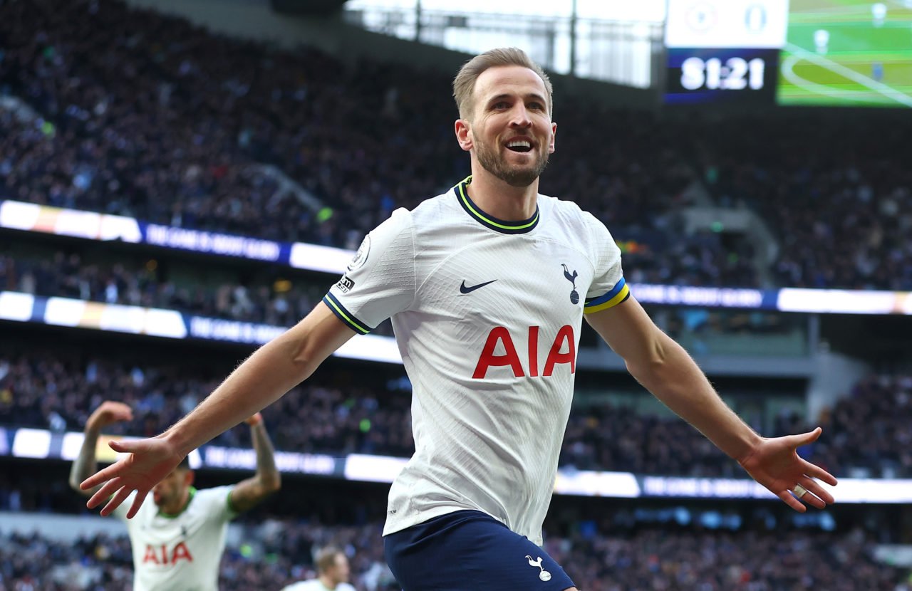 Harry Kane of Tottenham Hotspur celebrates scoring their teams second goal during the Premier League match between Tottenham Hotspur and Chelsea FC...