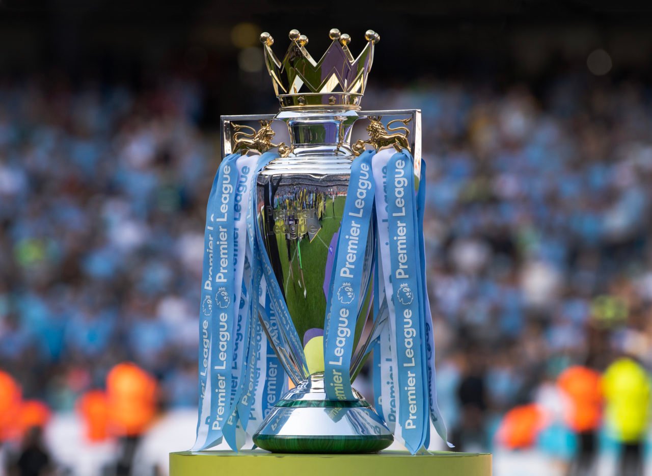 The Premier League trophy after the Premier League match between Manchester City and Chelsea FC at Etihad Stadium on May 21, 2023 in Manchester, En...