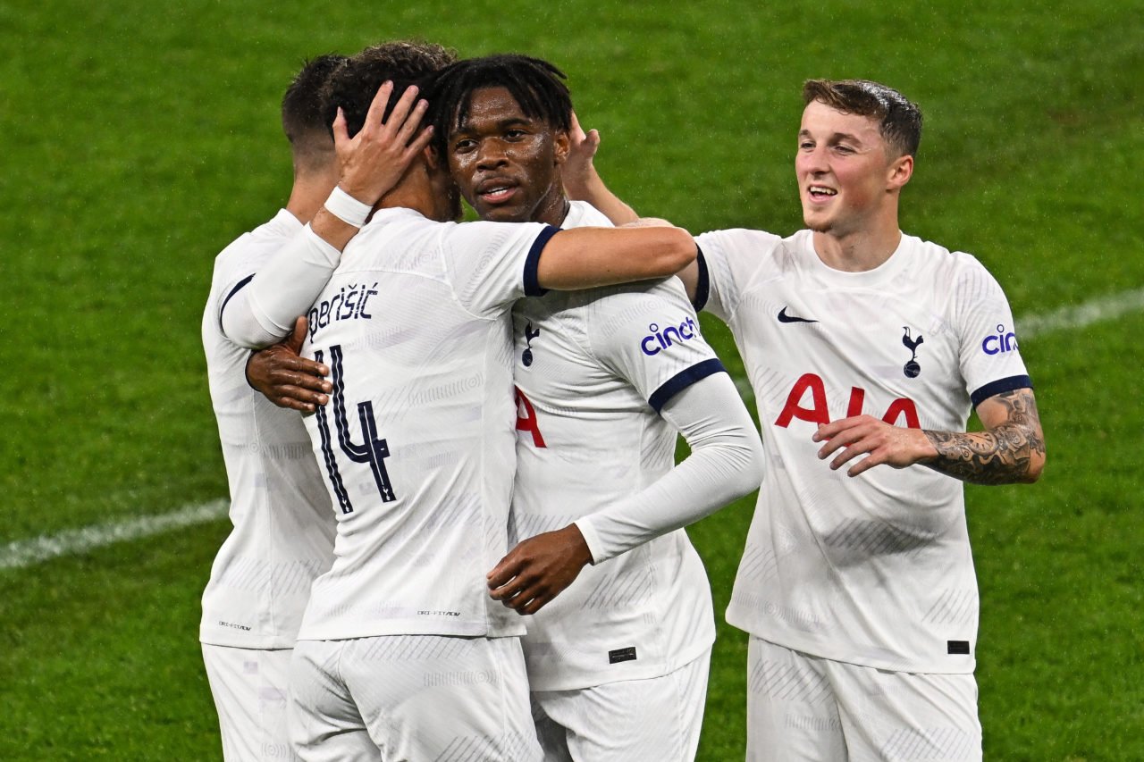 Destiny Udogie of Tottenham celebrates a goal during the pre-season friendly match between Tottenham Hotspur and West Ham United at Optus Stadium o...