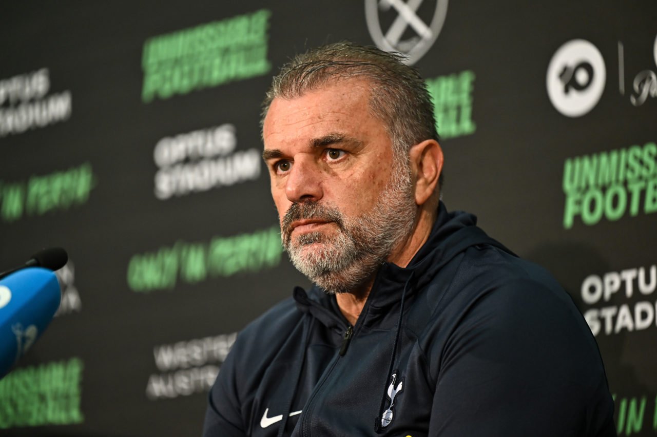 Ange Postecoglou, manager of Tottenham takes questions at the press conference during the pre-season friendly match between Tottenham Hotspur and W...