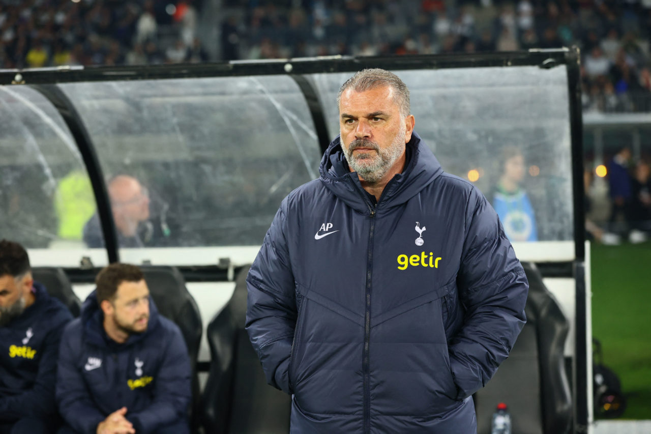 Manager Ange Postecoglou of Tottenham Hotspur watches from the sidelines during an exhibition football match against West Ham at Optus Stadium in P...