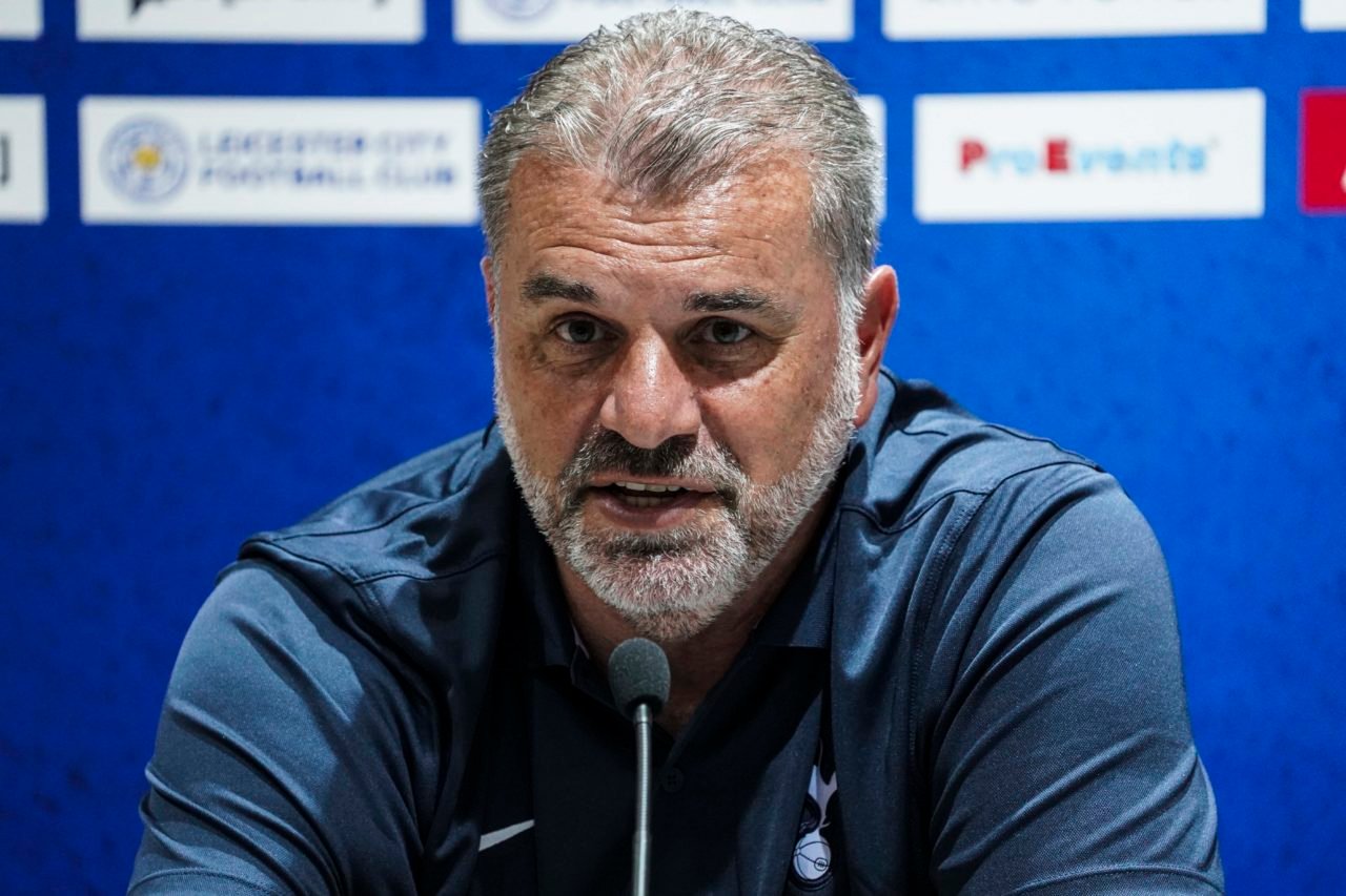 Tottenham Hotspur manager Angelos Postecoglou attends a press conference for the pre-season tour soccer match between Tottenham Hotspur and Leicest...