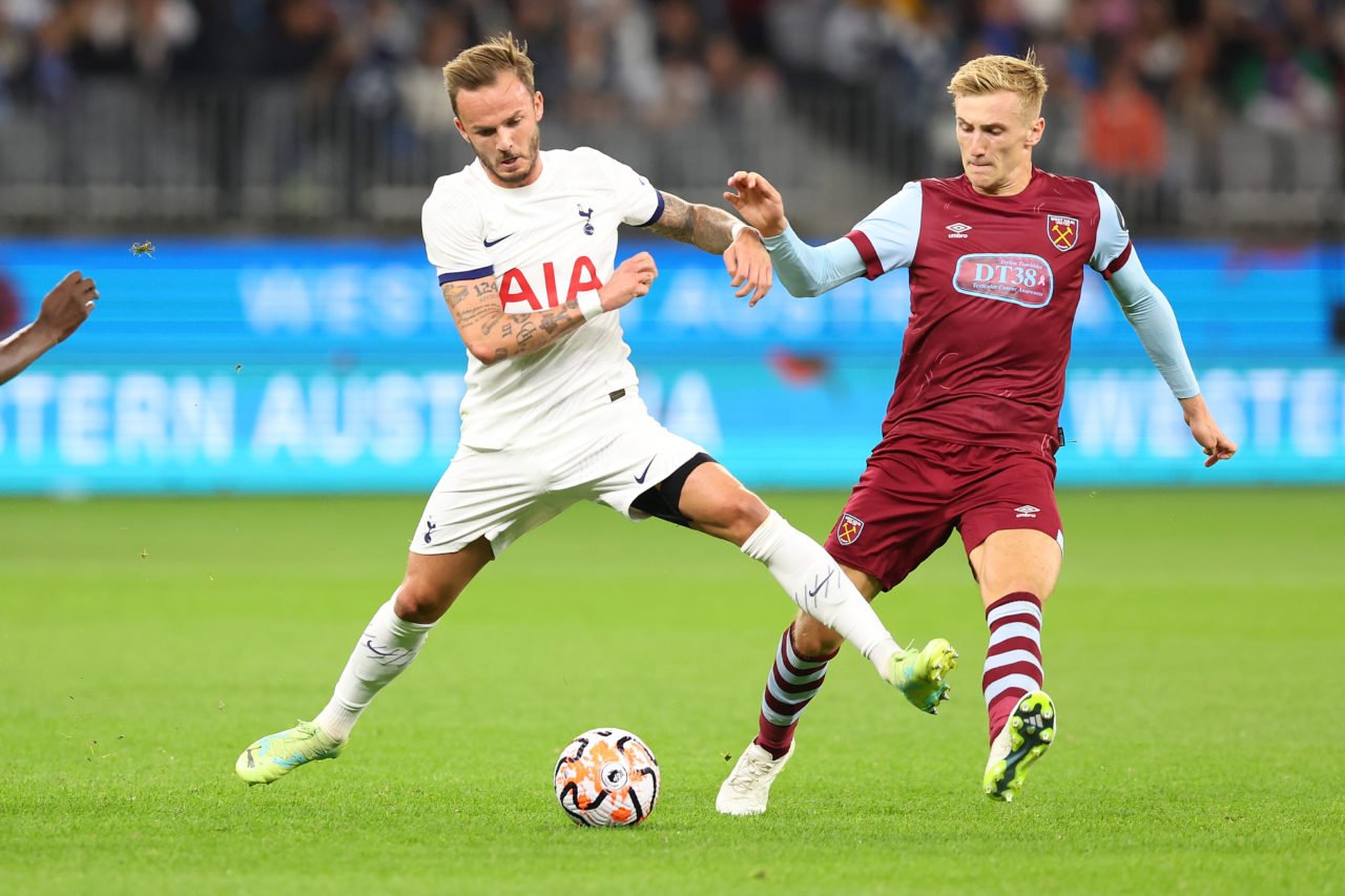 James Maddison of Tottenham takes possession of the ball during the pre-season friendly match between Tottenham Hotspur and West Ham United at Optu...