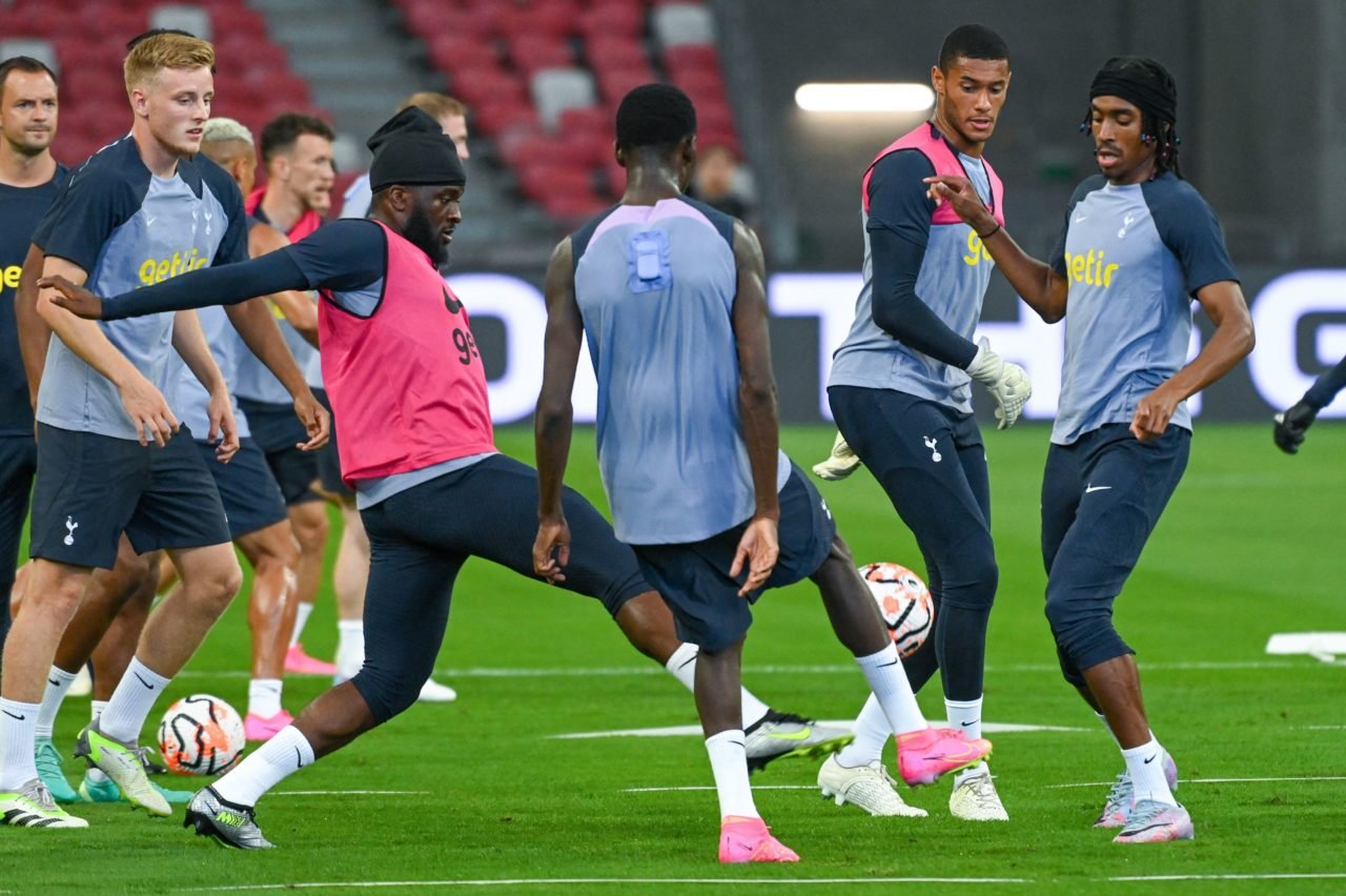 Tottenham Hotspur team players attend a training session at the Singapore Festival of Football in Singapore on July 25, 2023. (Photo by Roslan RAHM...