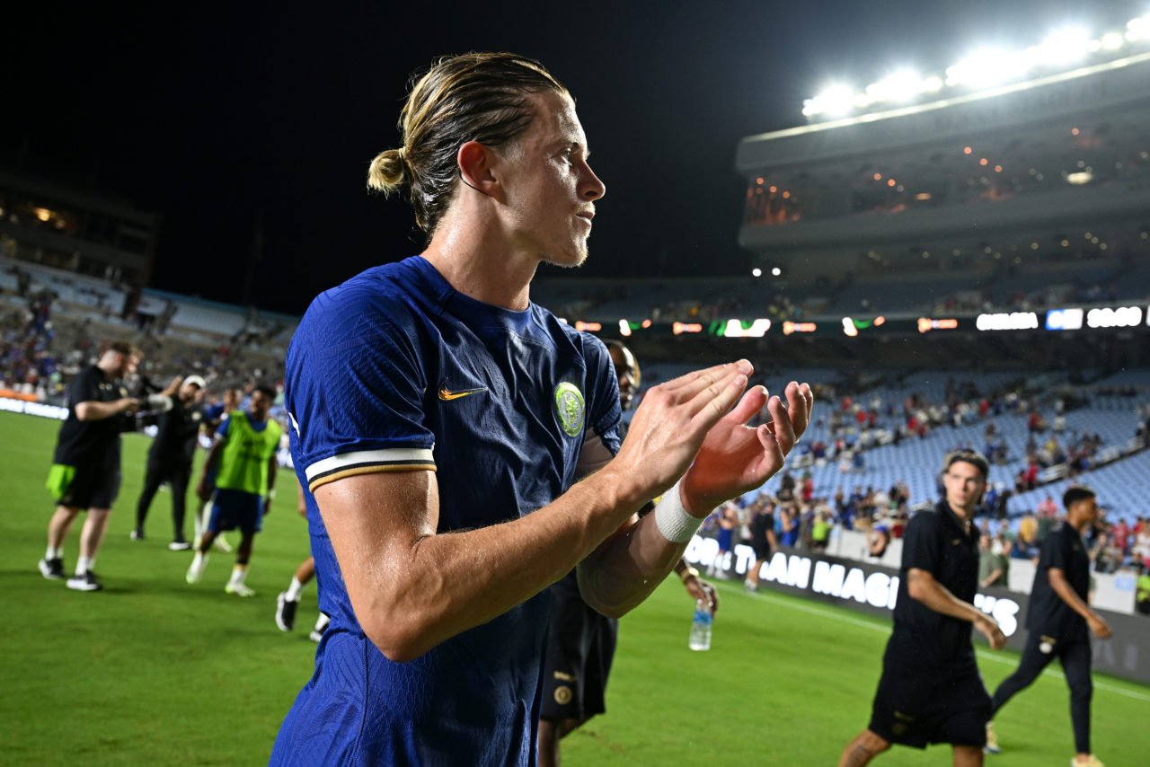 Conor Gallagher of Chelsea applauds the fans after the Pre-Season Friendly match between Chelsea FC and Wrexham at Kenan Stadium on July 19, 2023 i...