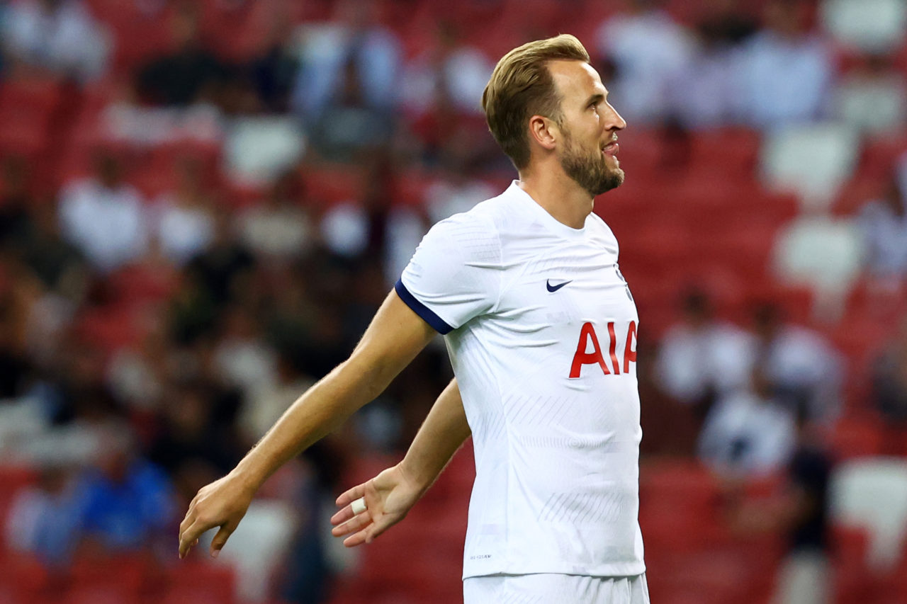 Harry Kane #10 of Tottenham Hotspur reacts after a missed attempt during the first half of the pre-season friendly against the Lion City Sailors at...