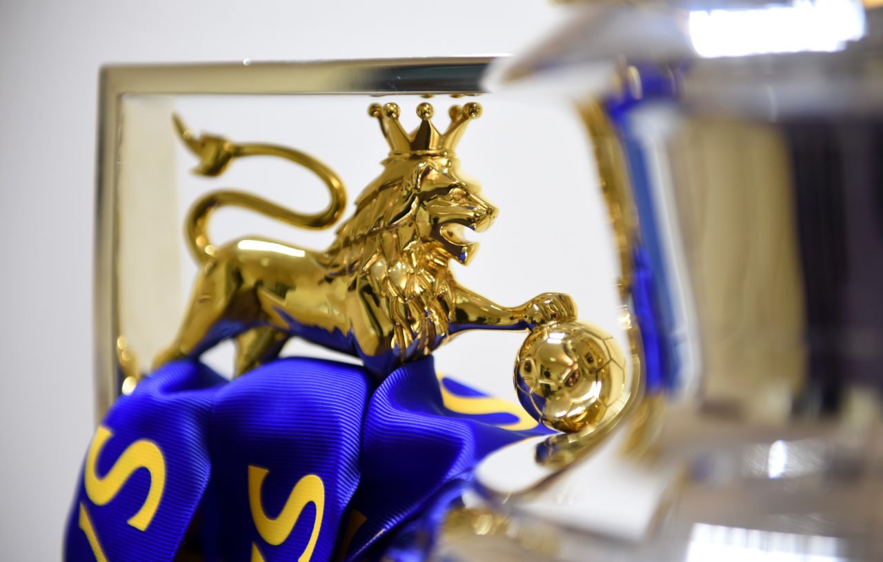 The Premier League Trophy is prepared for presentation prior the Barclays Premier League match between Leicester City and Everton at The King Power...