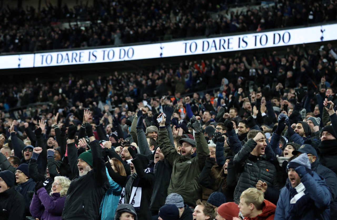 Tottenham Hotstpur fans celebrate during the Premier League match between Tottenham Hotspur and Stoke City at Wembley Stadium on December 9, 2017 i...