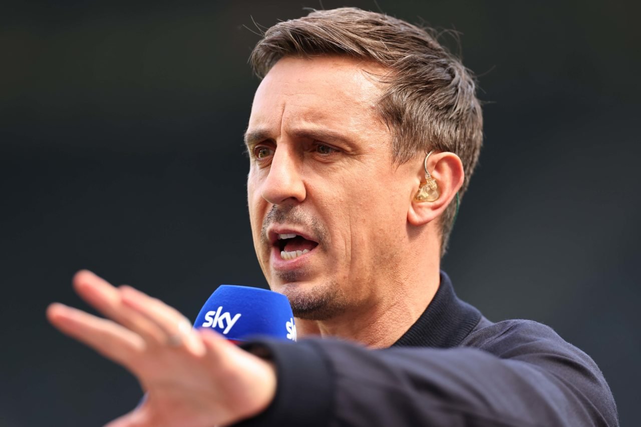 Gary Neville working as a TV pundit for Sky Sports ahead of the Premier League match between Newcastle United and Arsenal FC at St. James Park on M...