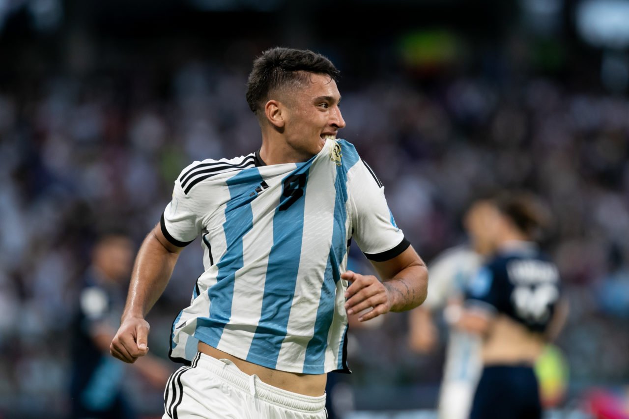 Alejo Veliz of Argentina celebrates after scoring the team's first goal during the FIFA U-20 World Cup Argentina 2023  Group A match between Argent...