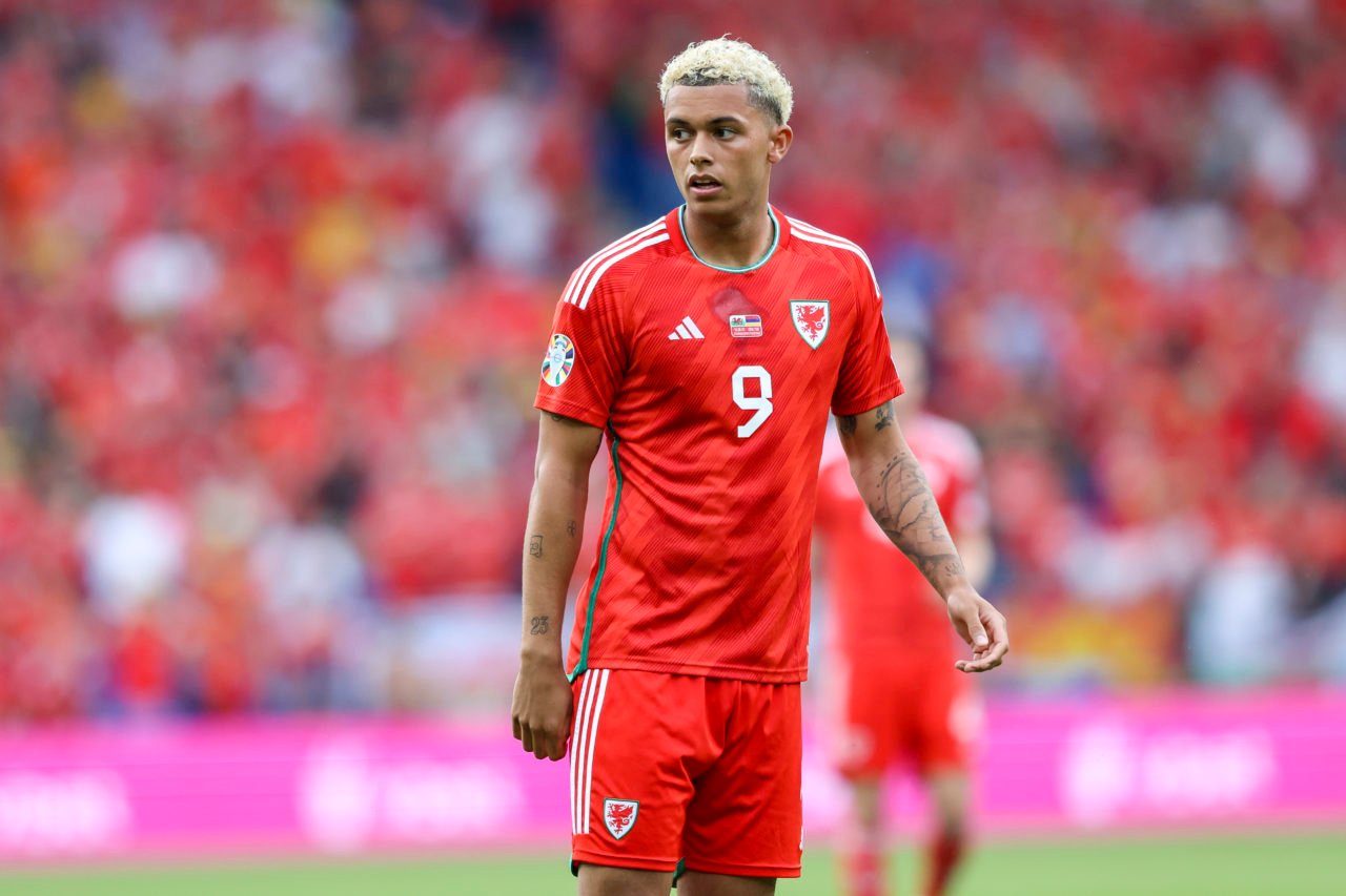 Brennan Johnson of Wales during the UEFA EURO 2024 qualifying round group D match between Wales and Armenia at Cardiff City Stadium on June 16, 202...