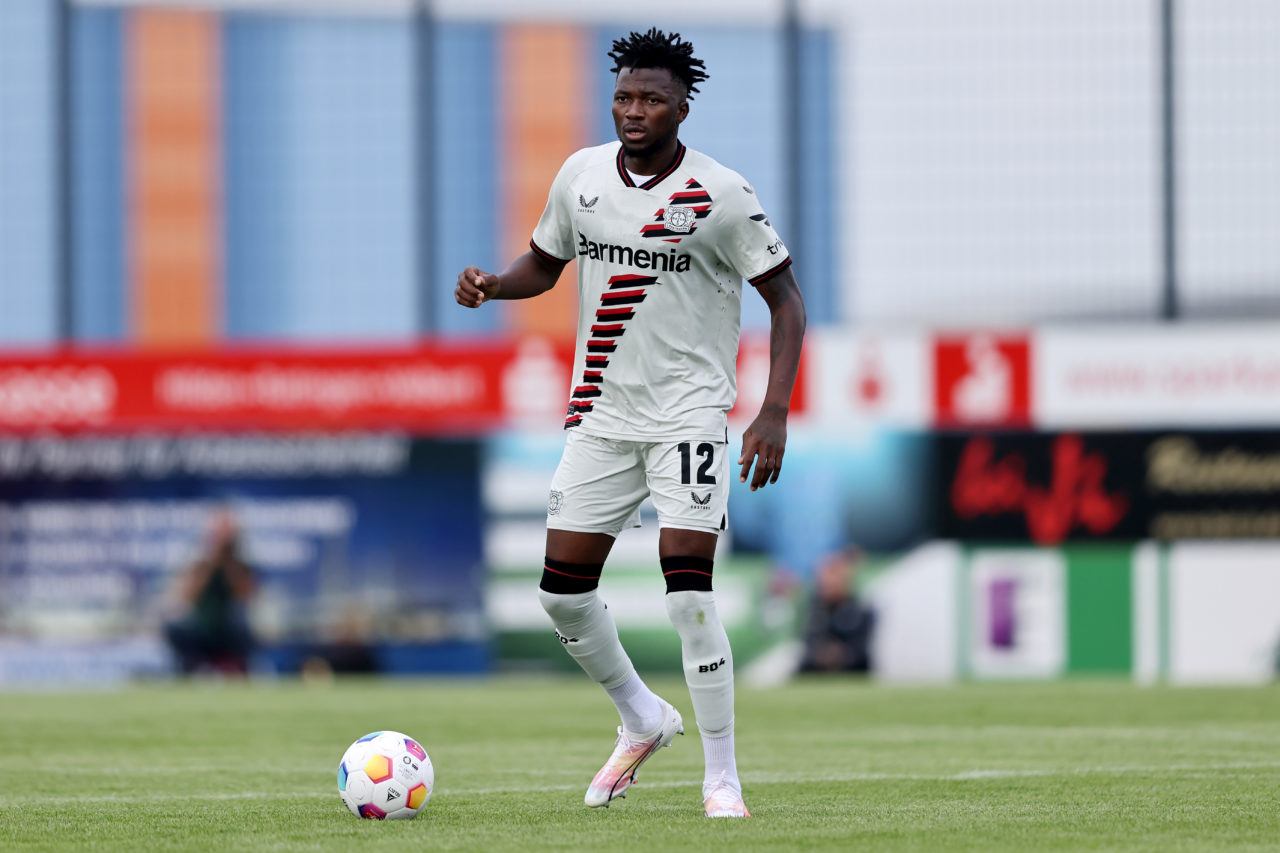 Edmond Tapsoba of Leverkusen runs with the ball during the pre-season friendly match between Bayer 04 Leverkusen and SC Paderborn at IMS Arena on J...