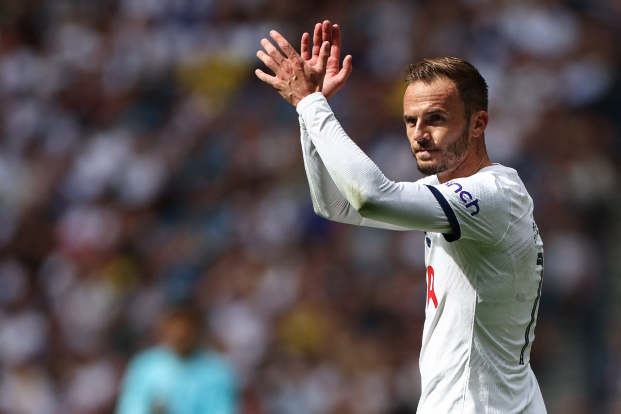 Tottenham Hotspur's English midfielder James Maddison applauds as he is substituted during the pre-season friendly football match between Tottenham...