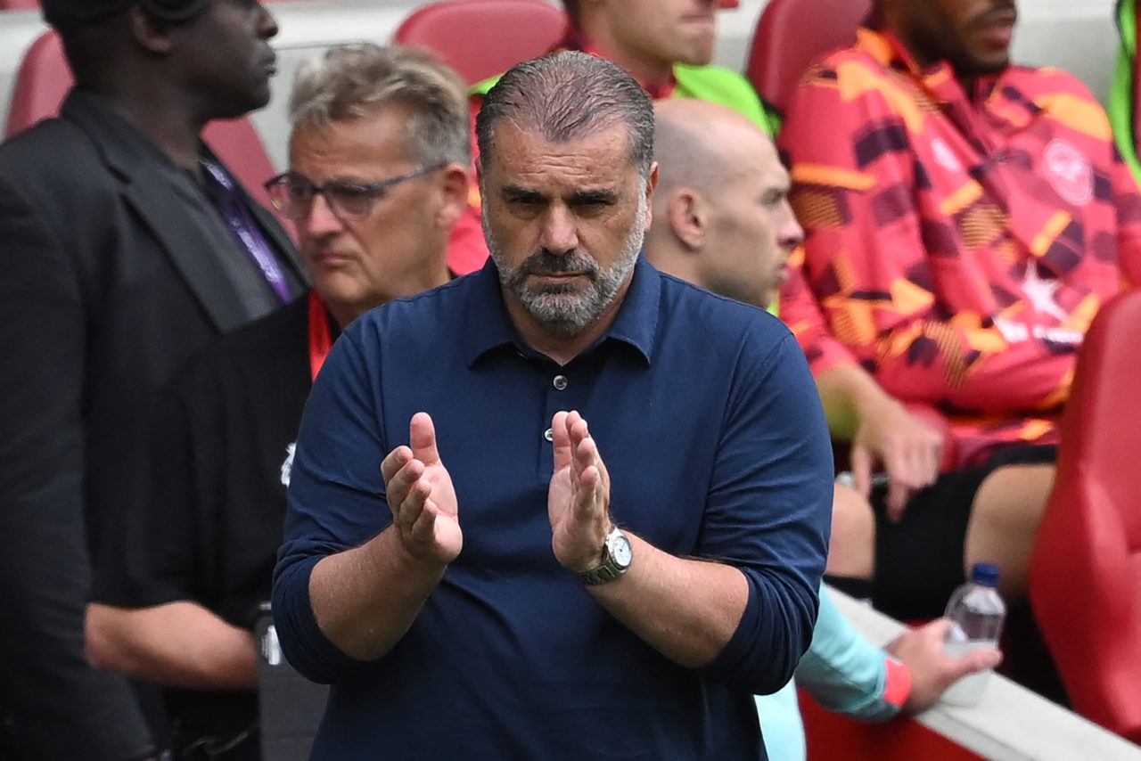 Tottenham Hotspur's Greek-Australian Head Coach Ange Postecoglou gestures on the touchline during the English Premier League football match between...