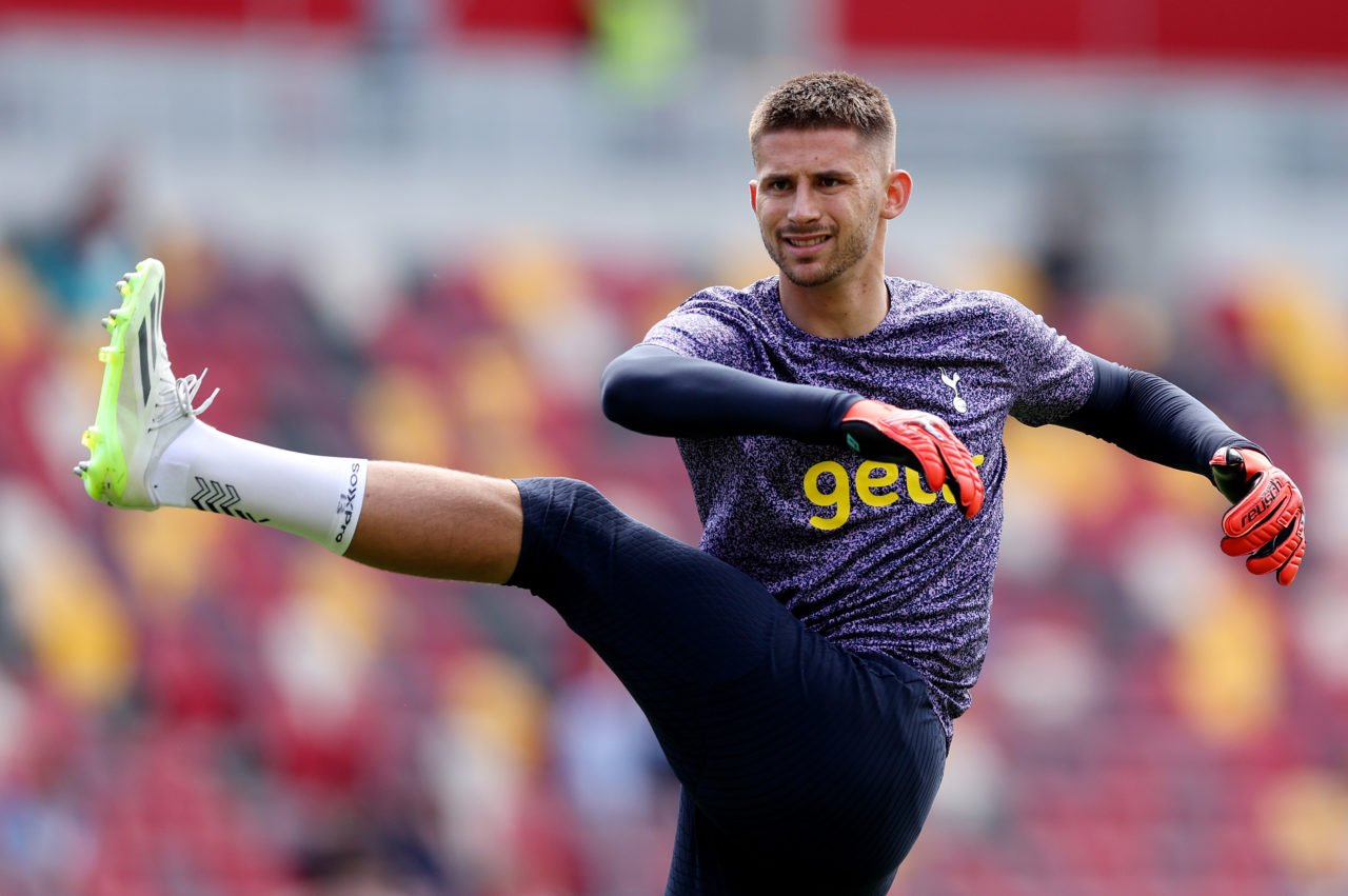 Guglielmo Vicario of Tottenham Hotspur warms up prior to the Premier League match between Brentford FC and Tottenham Hotspur at Gtech Community Sta...