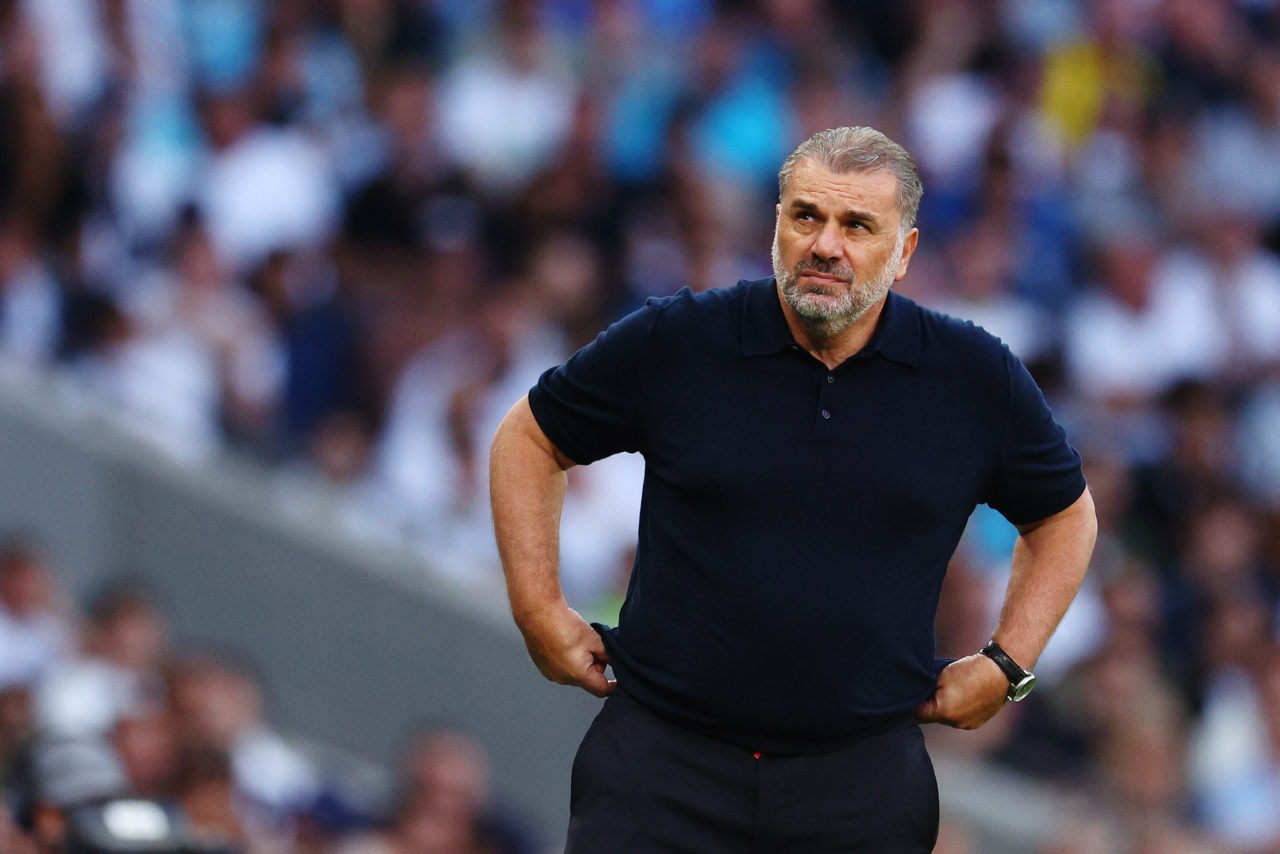 Ange Postecoglou, Manager of Tottenham Hotspur, reacts during the Premier League match between Tottenham Hotspur and Manchester United at Tottenham...
