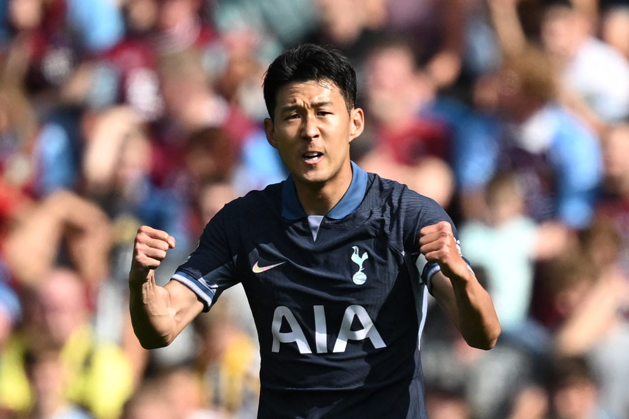 Tottenham Hotspur's South Korean striker #07 Son Heung-Min celebrates scoring his team first goal during the English Premier League football match ...