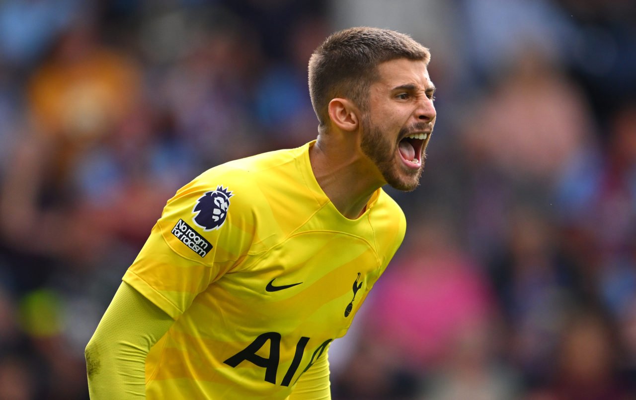 Spurs goalkeeper Guglielmo Vicario reacts during the Premier League match between Burnley FC and Tottenham Hotspur at Turf Moor on September 02, 20...