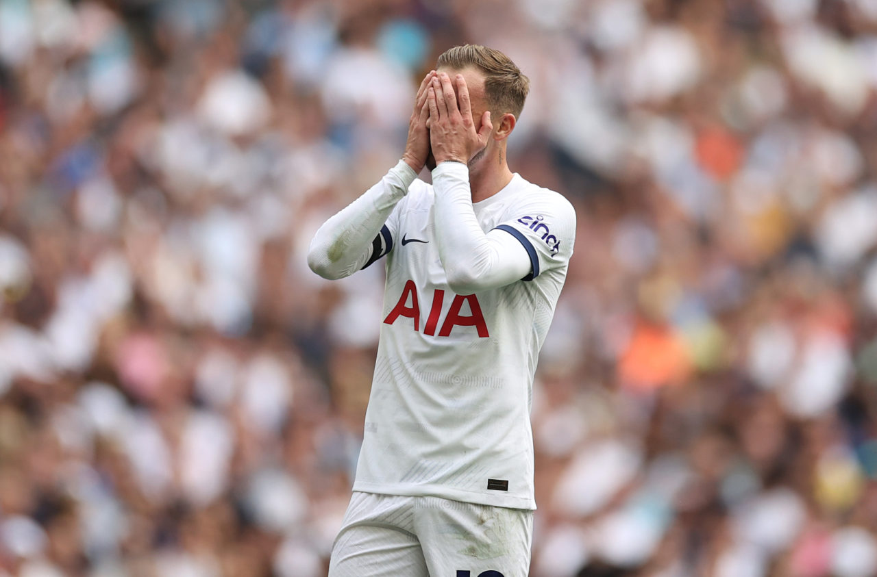 James Maddison of Tottenham Hotspur reacts after missing a chance during the Premier League match between Tottenham Hotspur and Sheffield United at...