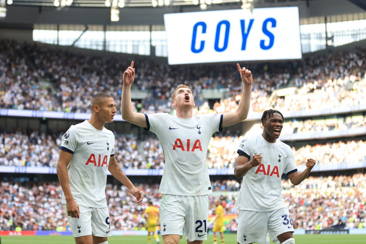 Dejan Kulusevski of Tottenham Hotspur celebrates with teammates Richarlison and Destiny Udogie after scoring the team's second goal during the Prem...