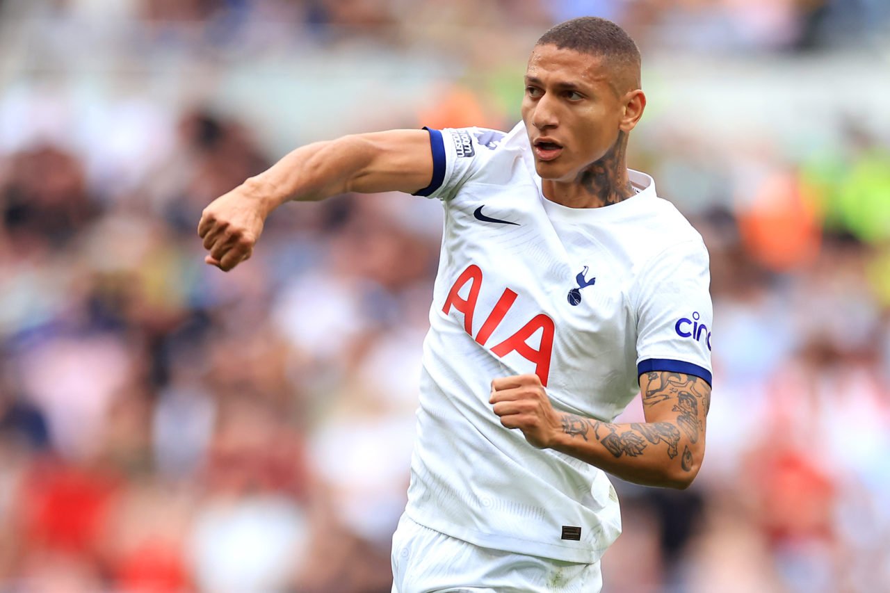 Richarlison of Tottenham Hotspur celebrates after scoring the team's first goal during the Premier League match between Tottenham Hotspur and Sheff...