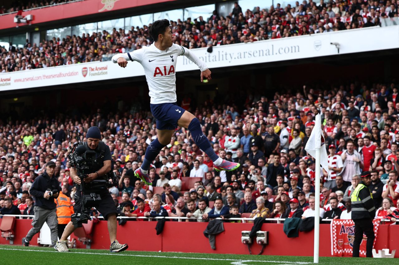 Tottenham Hotspur's South Korean striker #07 Son Heung-Min celebrates after scoring their first goal during the English Premier League football mat...