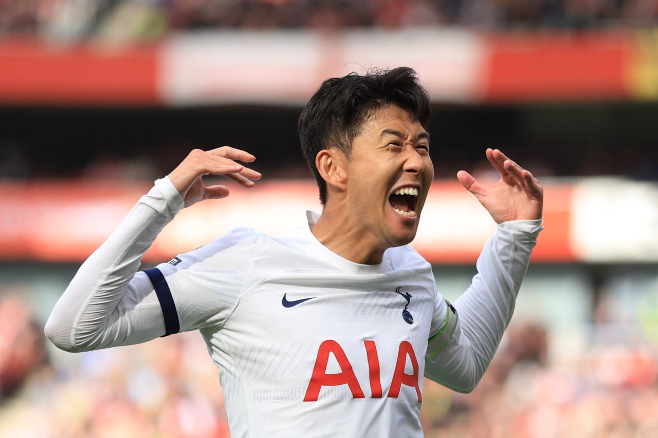 Son Heung-min of Tottenham Hotspur celebrates scoring a goal 2-2  during the Premier League match between Arsenal FC and Tottenham Hotspur at Emira...