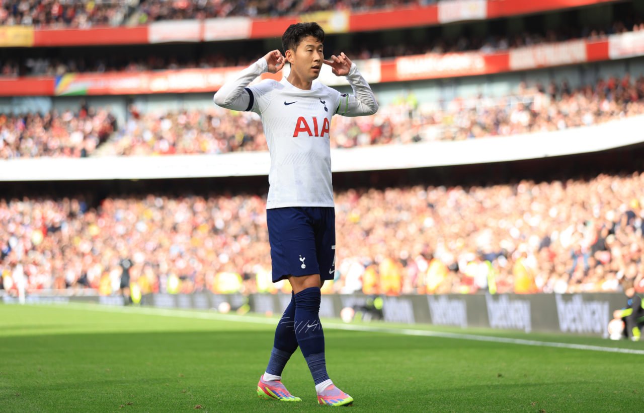 Son Heung-min of Tottenham Hotspur celebrates scoring a goal 2-2 during the Premier League match between Arsenal FC and Tottenham Hotspur at Emirat...