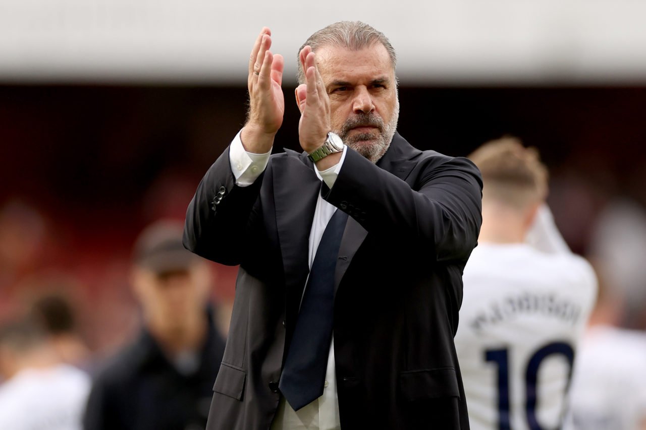 Ange Postecoglou, Manager of Tottenham Hotspur, acknowledges the fans after the Premier League match between Arsenal FC and Tottenham Hotspur at Em...