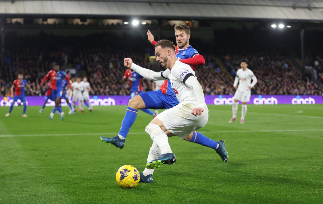 Tottenham Hotspur's James Maddison and Crystal Palace's Joachim Andersen during the Premier League match between Crystal Palace and Tottenham Hotsp...
