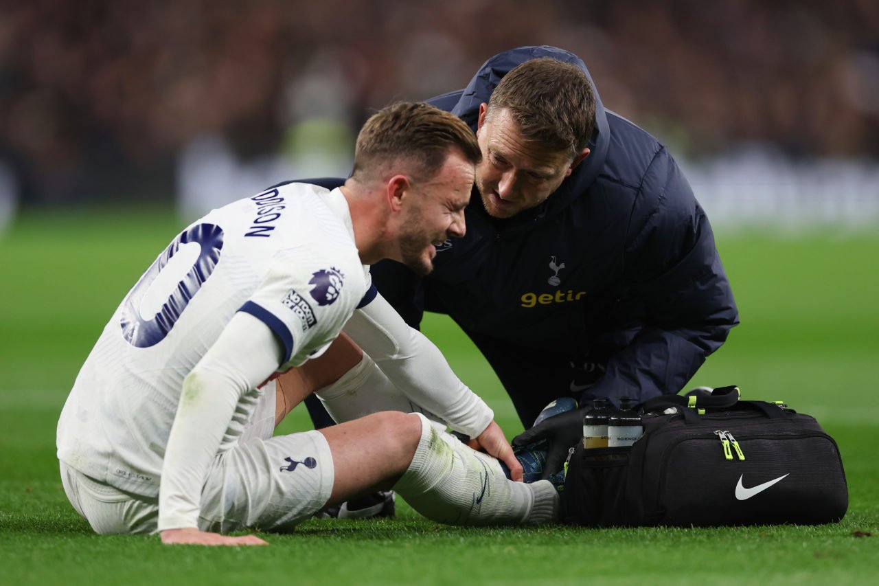 James Maddison of Tottenham Hotspur goes down with an injury during the Premier League match between Tottenham Hotspur and Chelsea FC at Tottenham ...