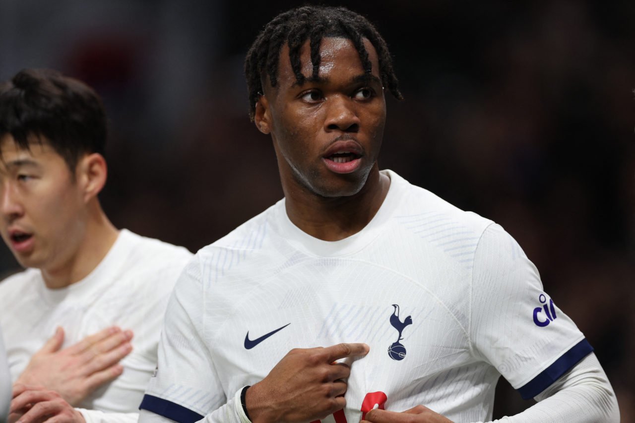 Tottenham Hotspur's Italian defender #38 Destiny Udogie celebrates after scoring the opening goal of the English Premier League football match betw...