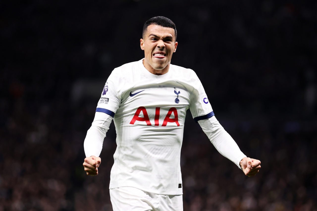 Pedro Porro of Tottenham Hotspur celebrates after Richarlison (not pictured) scores their team's third goal during the Premier League match between...