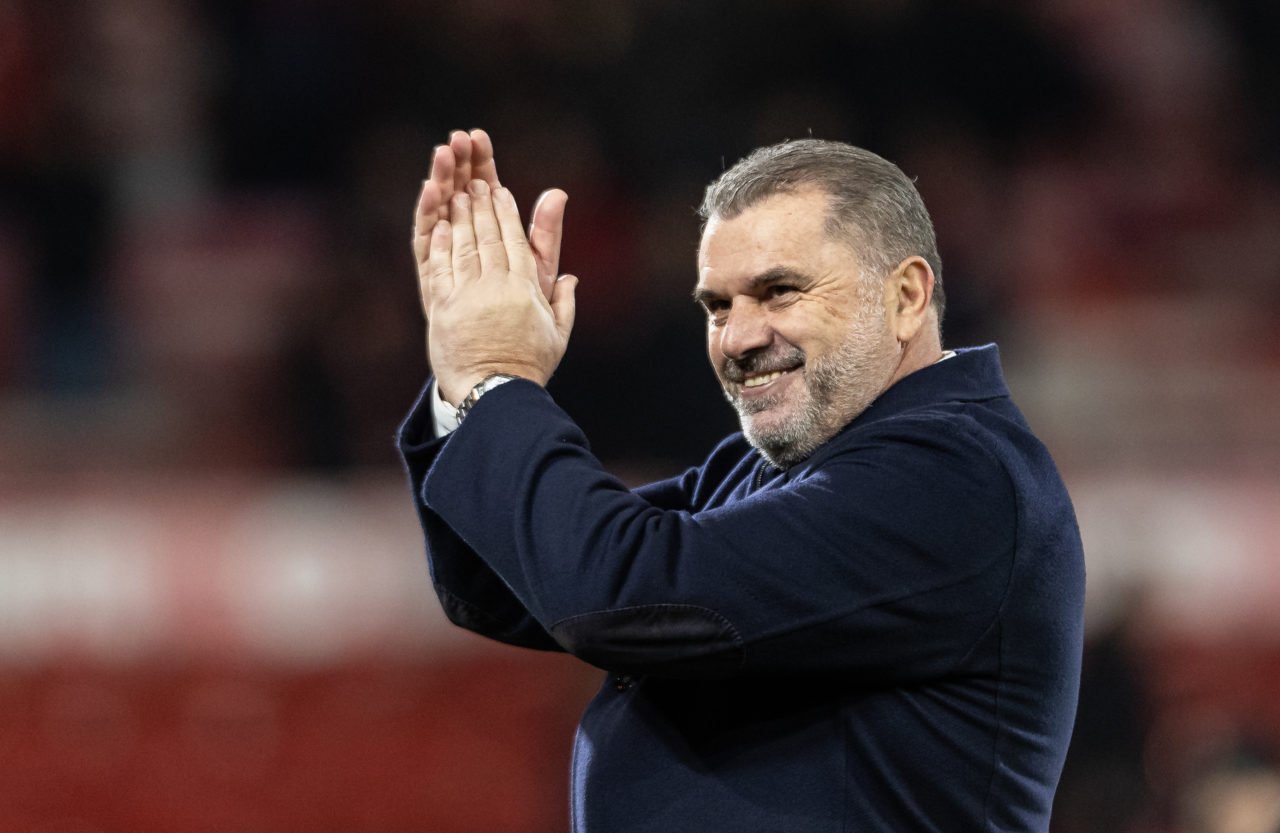 Tottenham Hotspur's manager Ange Postecoglou celebrates victory at the end of the match during the Premier League match between Nottingham Forest a...