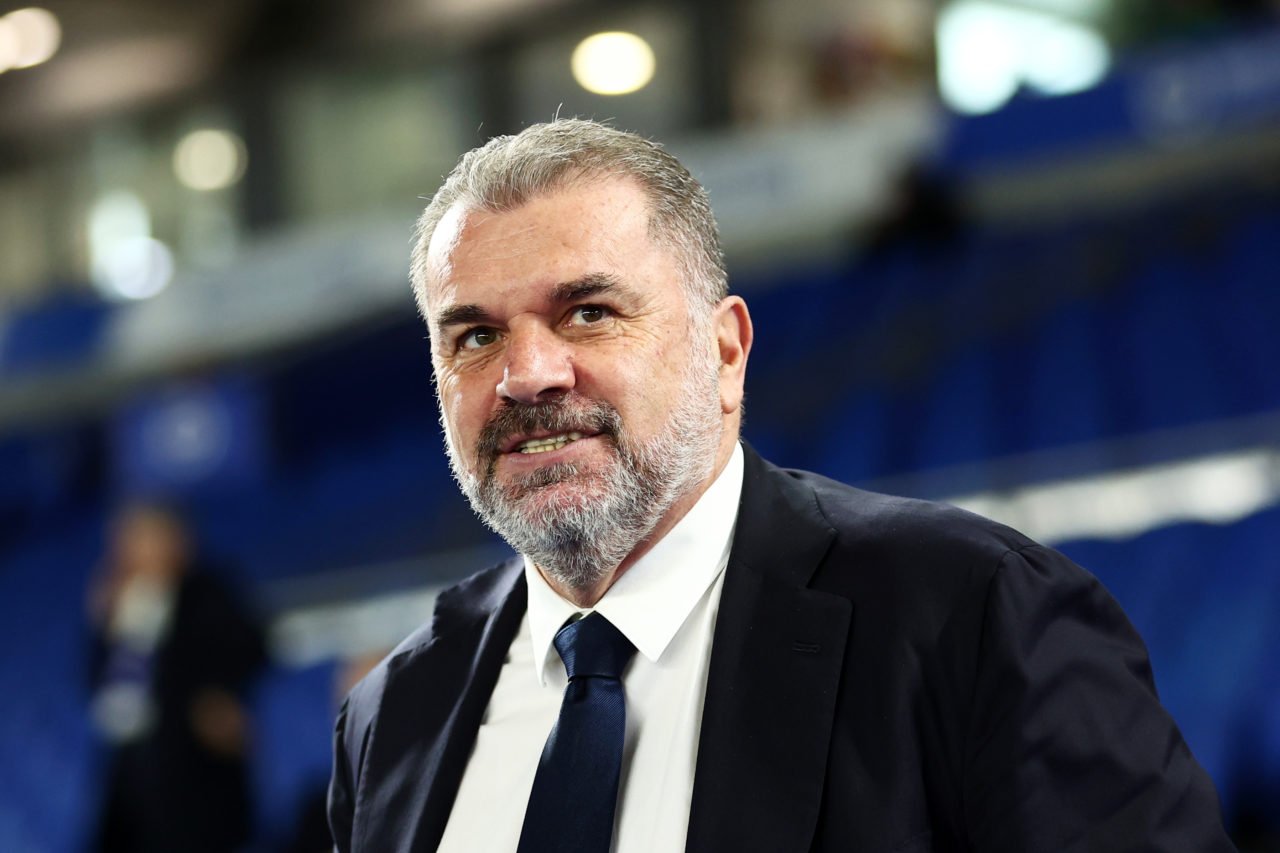 Ange Postecoglou, Manager of Tottenham Hotspur, looks on as he inspects the pitch prior to the Premier League match between Brighton & Hove Alb...