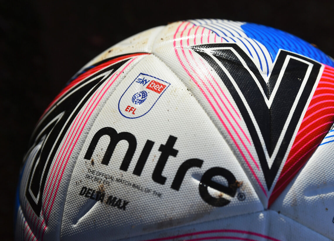 The Sky Bet English Football League badge is seen on a mitre match ball before the Sky Bet Championship match between Barnsley and Millwall at Oakw...