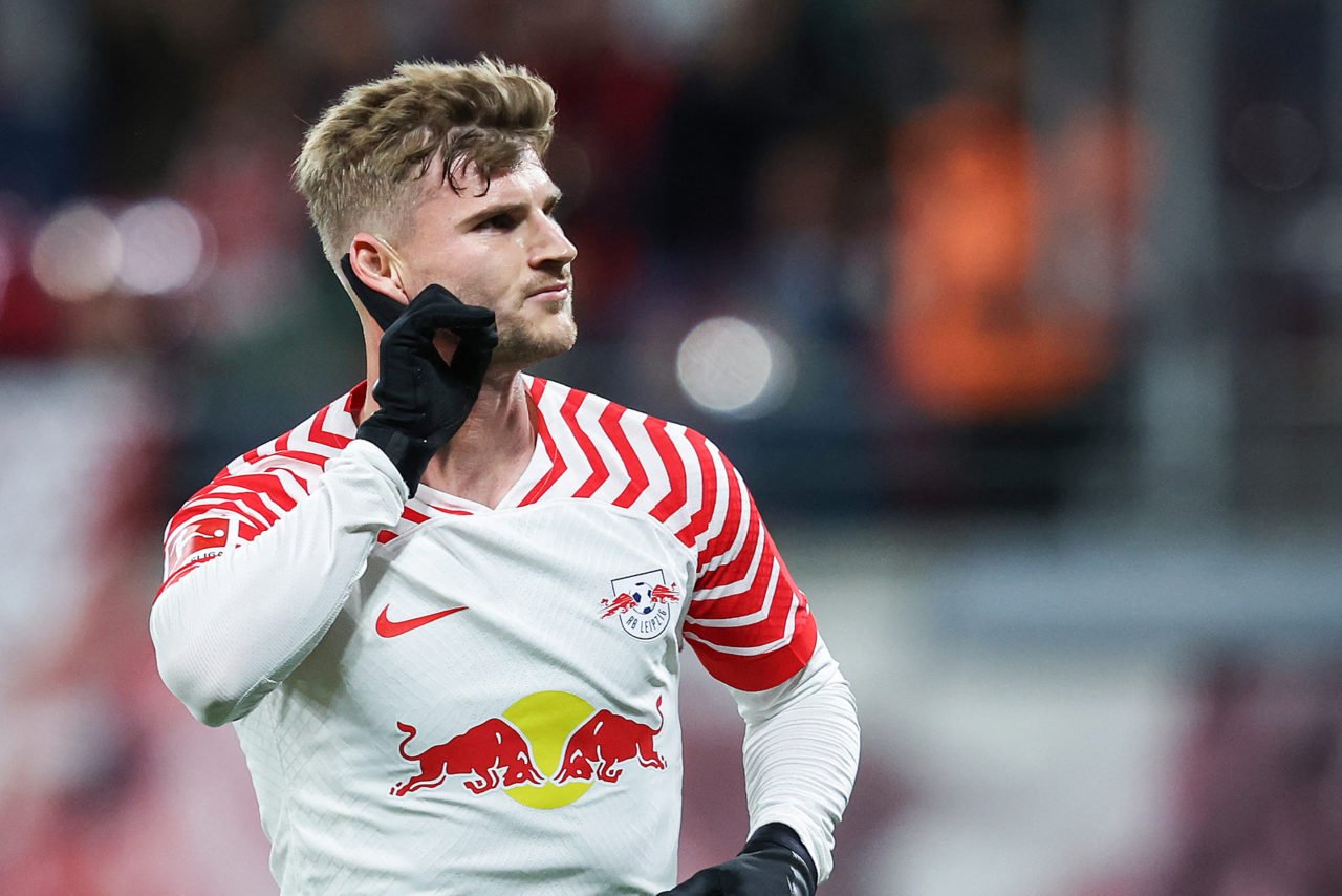 Leipzig's German forward #11 Timo Werner celebrates scoring the first goal during the German first division Bundesliga football match between RB Le...