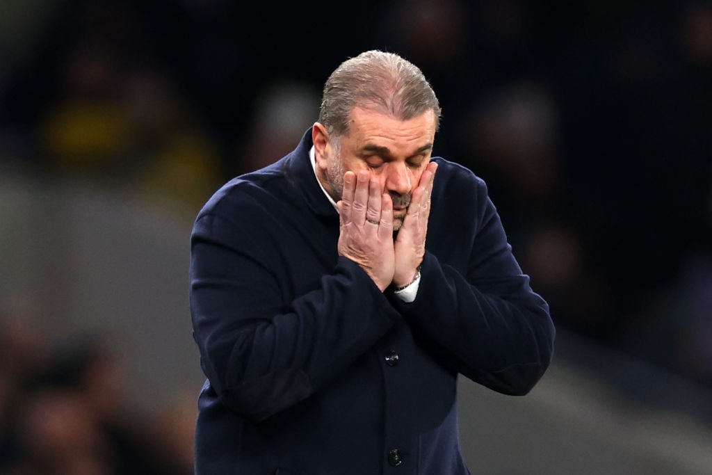 Tottenham Hotspur Head Coach Ange Postecoglou reacts during the Emirates FA Cup Third Round match between Tottenham Hotspur and Burnley at Tottenha...